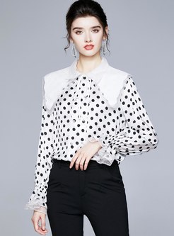 Polka Dot Single-breasted Lace Patchwork Blouse