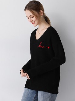 Letter Embroidered Pullover Loose Sweater