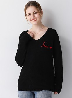 Letter Embroidered Pullover Loose Sweater