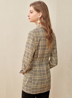Notched Double-breasted Plaid Slim Blazer
