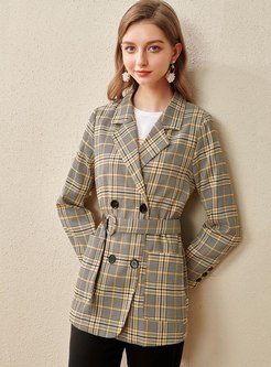 Notched Double-breasted Plaid Slim Blazer