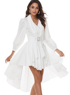 White V-neck Belted High-low Shirt Dress