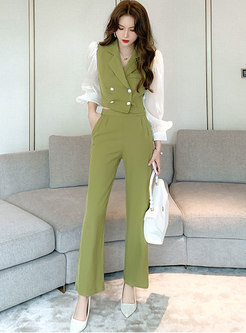 Lantern Sleeve Patchwork High Waisted Pant Suits