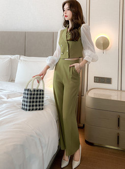Lantern Sleeve Patchwork High Waisted Pant Suits
