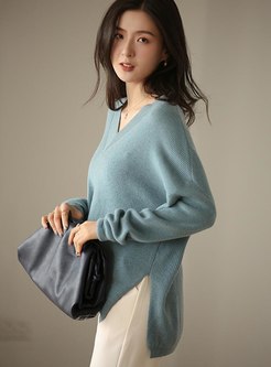 V-neck Pullover Solid Color Split Sweater