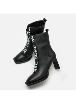 Square Toe Letter Print Chunky Heel Boots