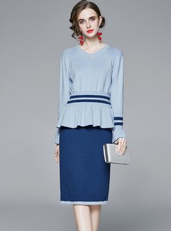 Color Block V-neck Ruffle Sweater Skirt Suits
