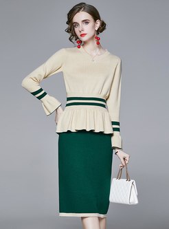 Color Block V-neck Ruffle Sweater Skirt Suits