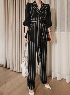 Striped Notched Collar Belted Pant Suits
