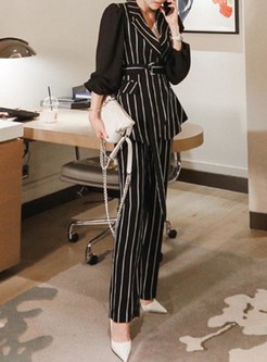 Striped Notched Collar Belted Pant Suits