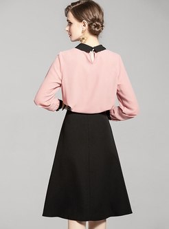 Long Sleeve Pullover Ribbon A Line Skirt Suits