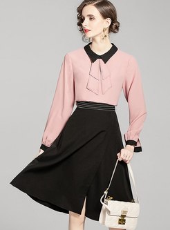 Long Sleeve Pullover Ribbon A Line Skirt Suits