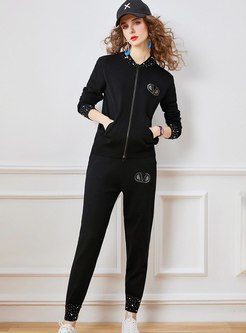 Long Sleeve Beaded Sweater Casual Pant Suits