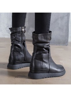 Rounded Toe Flat Ruched Cowhide Boots