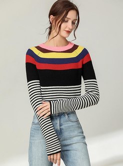 Striped Patchwork Pullover Cropped Sweater