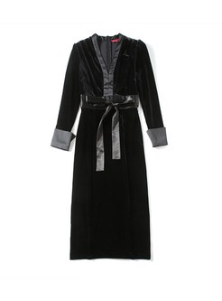 Black Velvet Long Sleeve Sheath Midi Dress