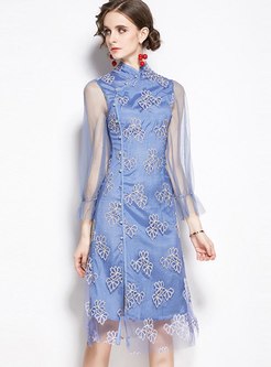 Mandarin Collar Embroidered Mesh Beaded Bodycon Dress