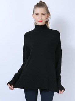 Turtleneck Solid Color Split Sweater