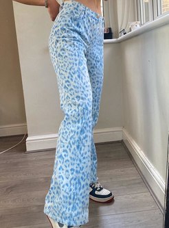 Blue Leopard Straight Long Jean Pants