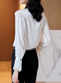 Color-blocked Turn Down Collar Ruffle Blouse