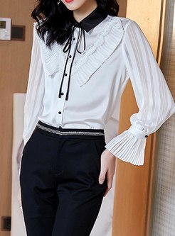 Color-blocked Turn Down Collar Ruffle Blouse