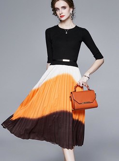 Half Sleeve Knitted Patchwork Pleated Dress
