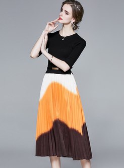 Half Sleeve Knitted Patchwork Pleated Dress
