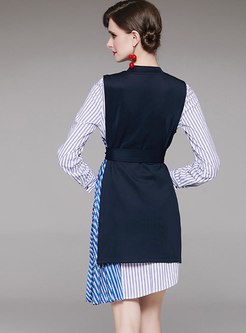 Striped Patchwork Skater Dress & Belted Knitted Vest