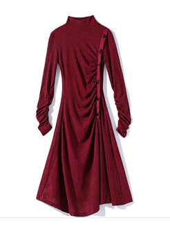 Turtleneck Wool Ruched Sweater Midi Dress