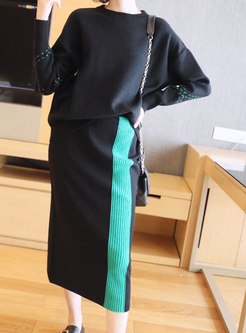 Color Block Pullover Sweater Skirt Suits