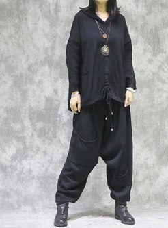 Black Hooded Pullover Loose Knitted Pant Suits