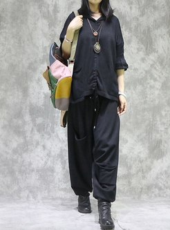 Black Hooded Pullover Loose Knitted Pant Suits