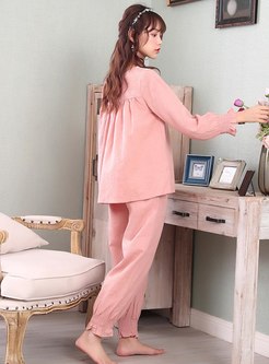Color-blocked Long Sleeve Sweet Pajama Set