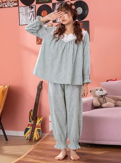 Color-blocked Long Sleeve Sweet Pajama Set