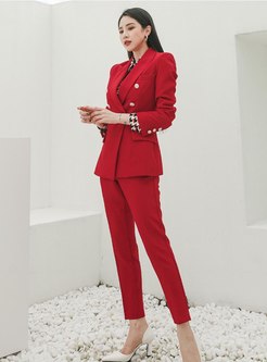 Red Long Sleeve Slim Work Pant Suits