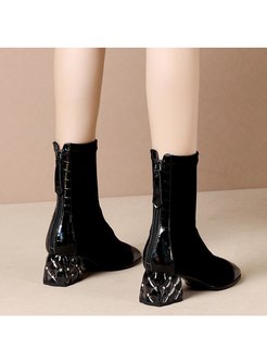 Square Toe Leather Patchwork Short Boots