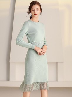 Long Sleeve Beaded Lace Patchwork Sweater Dress