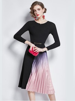 Color-blocked Knitted Patchwork Satin Pleated Dress
