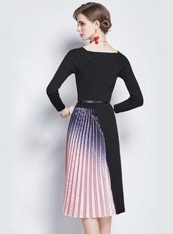 Color-blocked Knitted Patchwork Satin Pleated Dress