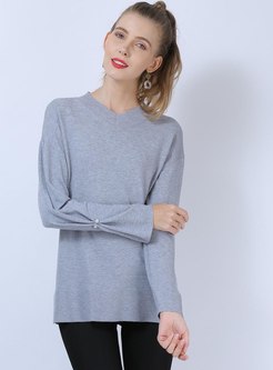 V-neck Beaded Pullover Pure Color Sweater