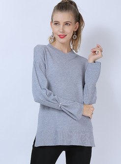 V-neck Beaded Pullover Pure Color Sweater