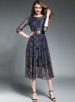 Lace Openwork Belted Midi Cocktail Dress