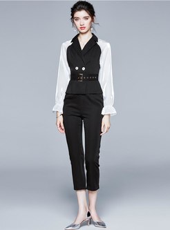 Work Notched Collar High Waisted Pant Suits