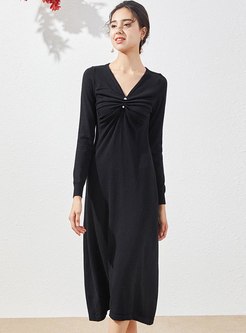 V-neck Ruched Knitted Empire Waist Dress