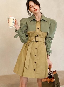 Puff Sleeve Color-blocked A Line Trench Coat