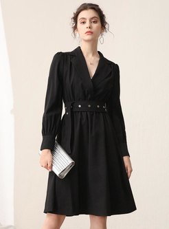 Notched Long Sleeve A Line Office Dress