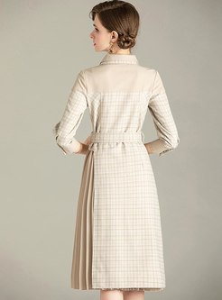 3/4 Sleeve Plaid Patchwork Pleated Dress