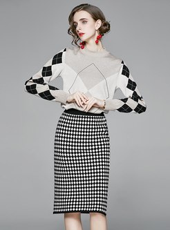 Mock Neck Plaid Sweater Skirt Suits