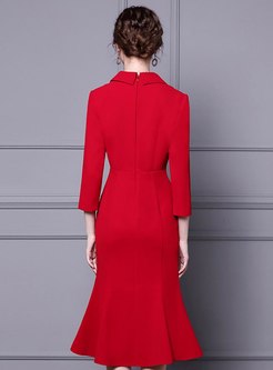 Red Beaded Peplum Knee-length Cocktail Dress