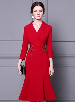 Red Beaded Peplum Knee-length Cocktail Dress